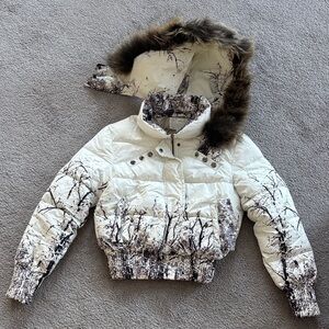 Women's White and Brown Puffer Jacket with Fur Trim